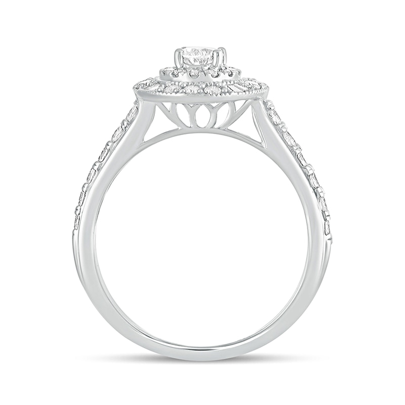 Main Image 3 of 1 CT. T.W. Oval Diamond Double Frame Vintage-Style Engagement Ring in 14K White Gold