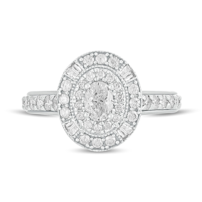 Main Image 4 of 1 CT. T.W. Oval Diamond Double Frame Vintage-Style Engagement Ring in 14K White Gold