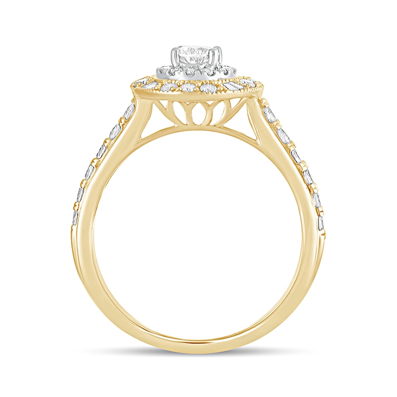 Main Image 3 of 1 CT. T.W. Oval Diamond Double Frame Vintage-Style Engagement Ring in 14K Gold