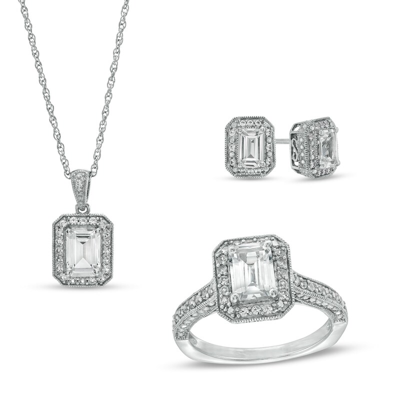 Main Image 1 of Emerald-Cut White Lab-Created Sapphire Octagonal Frame Vintage-Style Pendant, Ring and Earrings Set in Sterling Silver
