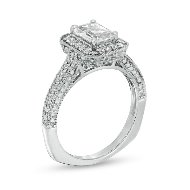Main Image 3 of Emerald-Cut White Lab-Created Sapphire Octagonal Frame Vintage-Style Pendant, Ring and Earrings Set in Sterling Silver