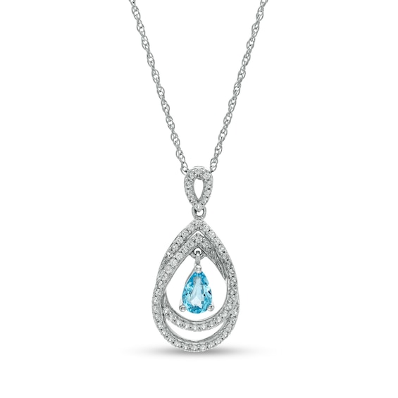 Pear-Shaped Swiss Blue Topaz and White Lab-Created Sapphire Double Loop Open Frame Teardrop Pendant in Sterling Silver