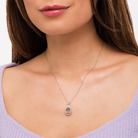 Pear-Shaped Swiss Blue Topaz and White Lab-Created Sapphire Double Loop Open Frame Teardrop Pendant in Sterling Silver