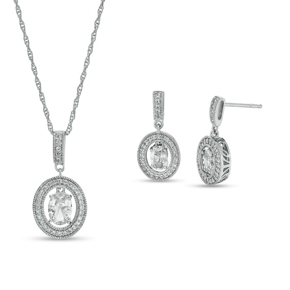 Oval White Lab-Created Sapphire Dangle Open Frame Vintage-Style Drop Pendant and Earrings Set in Sterling Silver