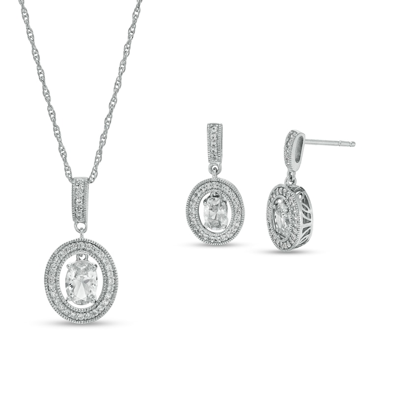 Main Image 1 of Oval White Lab-Created Sapphire Dangle Open Frame Vintage-Style Drop Pendant and Earrings Set in Sterling Silver