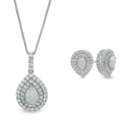 Pear-Shaped Lab-Created Opal and White Lab-Created Sapphire Double Frame Pendant and Earrings Set in Sterling Silver