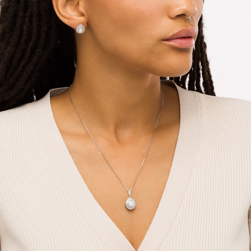 Main Image 2 of Pear-Shaped Lab-Created Opal and White Lab-Created Sapphire Double Frame Pendant and Earrings Set in Sterling Silver