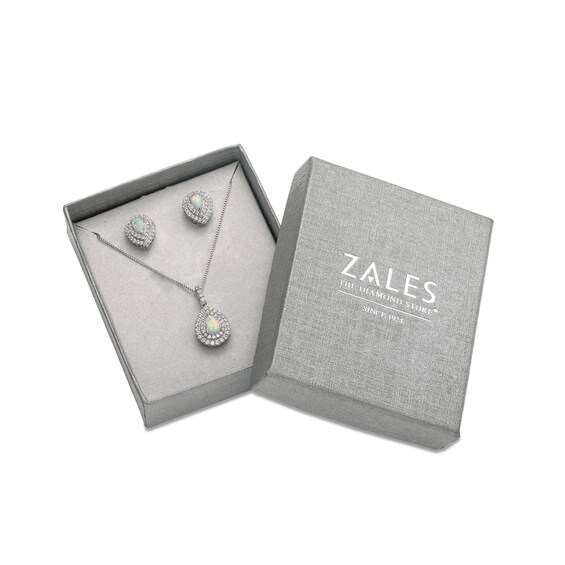 Pear-Shaped Lab-Created Opal and White Lab-Created Sapphire Double Frame Pendant and Earrings Set in Sterling Silver