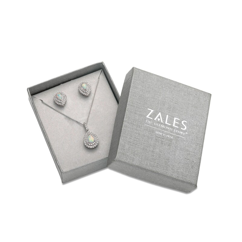 Main Image 3 of Pear-Shaped Lab-Created Opal and White Lab-Created Sapphire Double Frame Pendant and Earrings Set in Sterling Silver