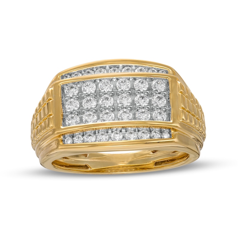 Men's 7/8 CT. T.W. Rectangular Composite Diamond Border Stepped Edge Multi-Row Grid Shank Ring in 10K Gold