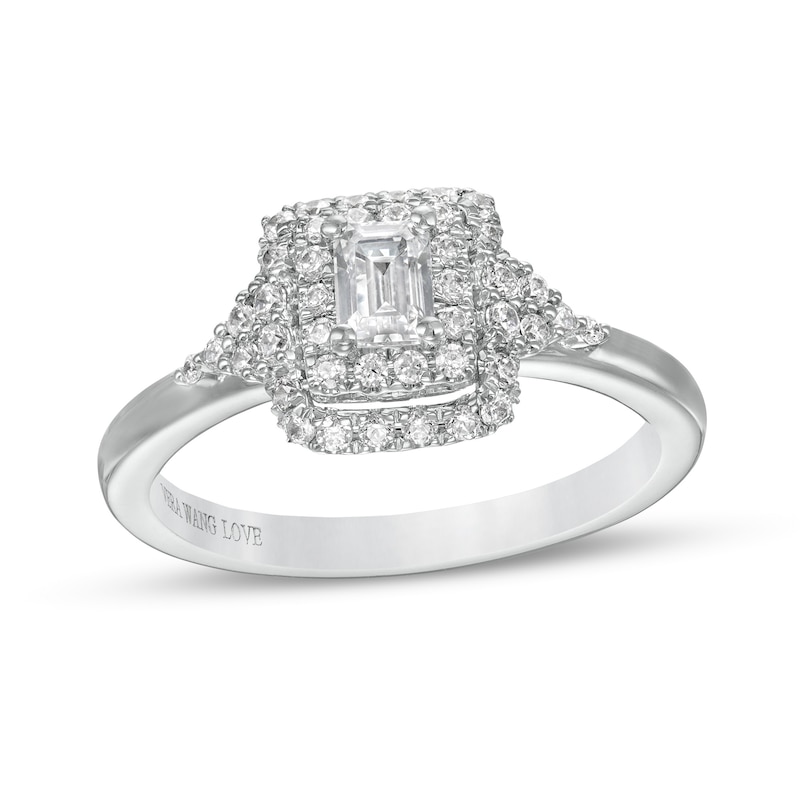 Main Image 1 of Vera Wang Love Collection 5/8 CT. T.W. Emerald-Cut Diamond Double Frame Engagement Ring in 14K White Gold