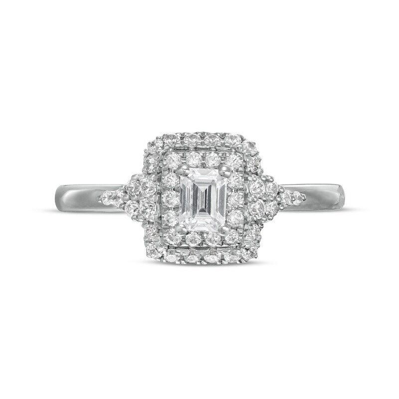 Main Image 3 of Vera Wang Love Collection 5/8 CT. T.W. Emerald-Cut Diamond Double Frame Engagement Ring in 14K White Gold