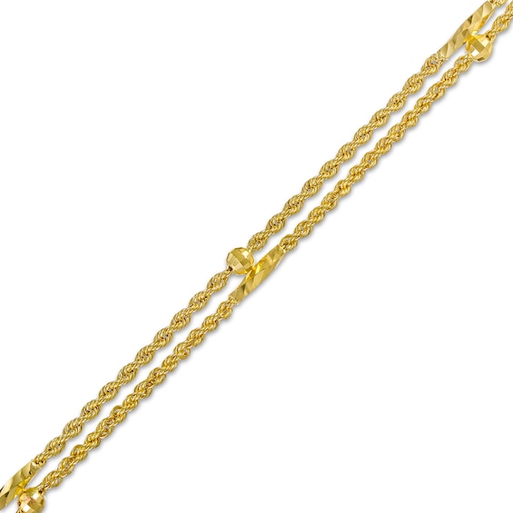 Diamond-Cut Bead and Twisted Link Alternating Station Double Strand Bracelet in 10K Gold - 7.5"