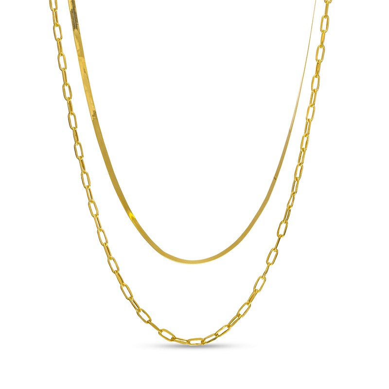 Main Image 1 of Herringbone and Paper Clip Link Chain Double Strand Necklace in Solid Hollow 10K Gold - 20"
