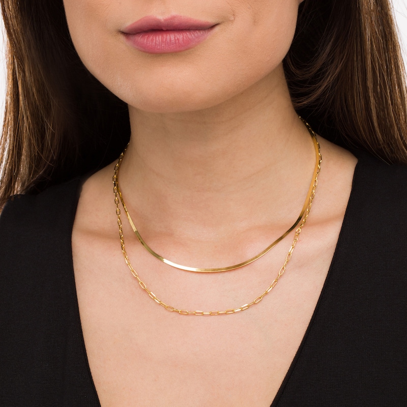 Main Image 2 of Herringbone and Paper Clip Link Chain Double Strand Necklace in Solid Hollow 10K Gold - 20"