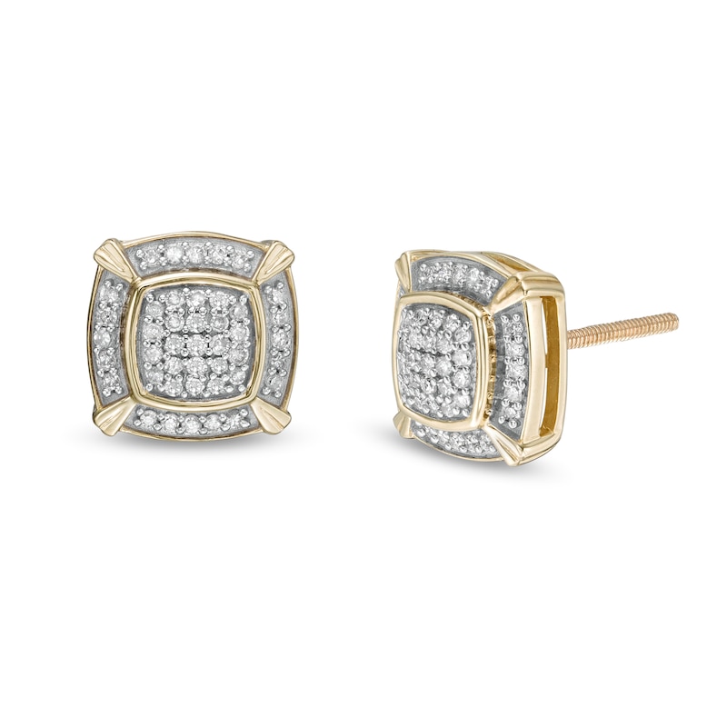 Men's 1/4 CT. T.W. Cushion Composite Diamond Frame with Ornate Four-Corner Accents Stud Earrings in 10K Gold