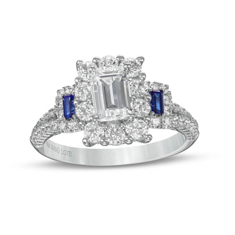 Main Image 1 of Vera Wang Love Collection Sapphire and 1-3/4 CT. T.W. Emerald-Cut Diamond Frame Engagement Ring in 14K White Gold