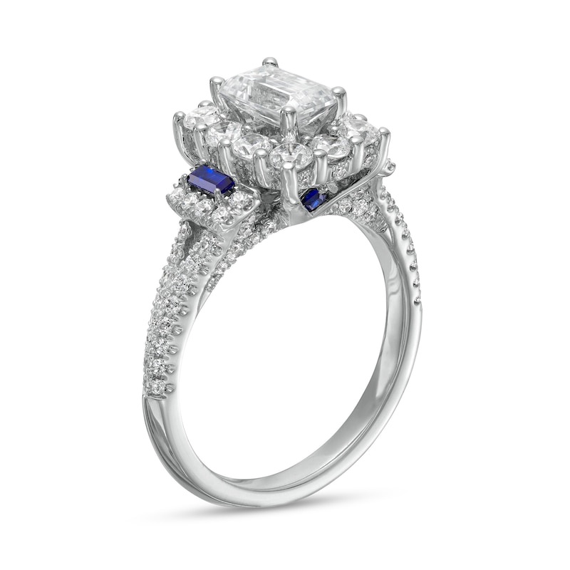 Main Image 2 of Vera Wang Love Collection Sapphire and 1-3/4 CT. T.W. Emerald-Cut Diamond Frame Engagement Ring in 14K White Gold