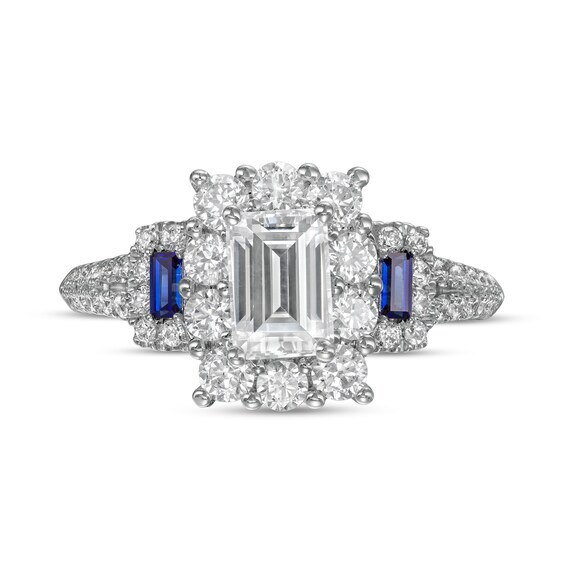Vera Wang Love Collection Sapphire and 1-3/4 CT. T.w. Emerald-Cut Diamond Frame Engagement Ring in 14K White Gold