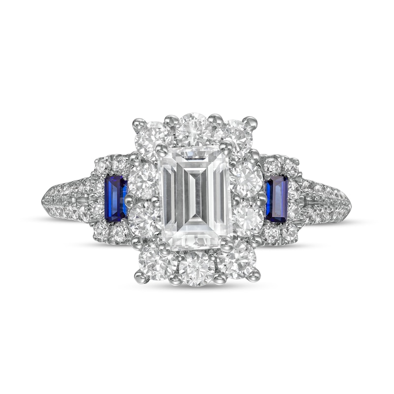 Main Image 3 of Vera Wang Love Collection Sapphire and 1-3/4 CT. T.W. Emerald-Cut Diamond Frame Engagement Ring in 14K White Gold