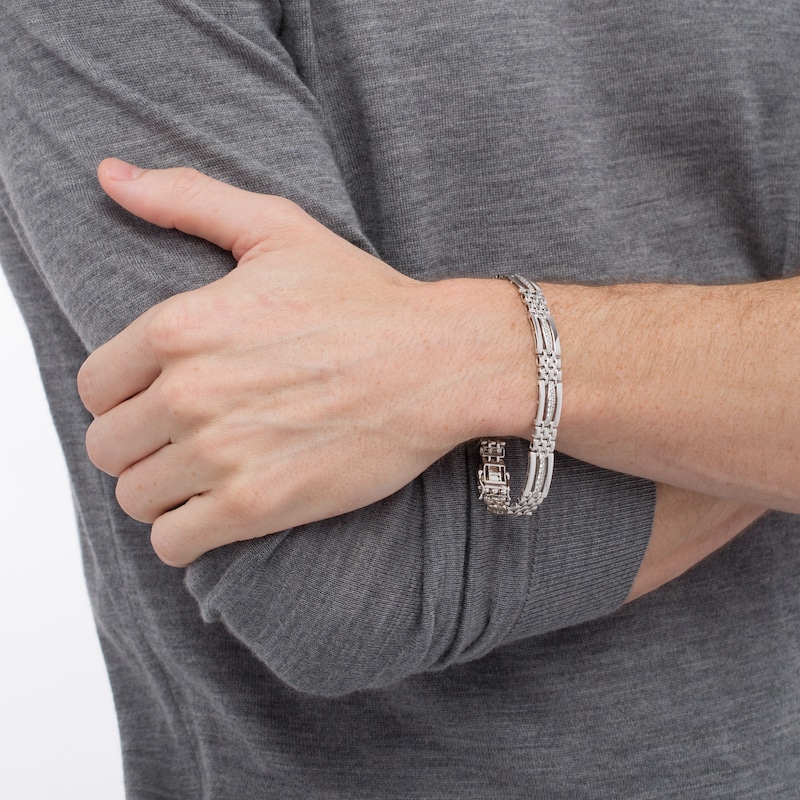Main Image 2 of 1 CT. T.W. Diamond Triple Row Rectangle and Brick Pattern Alternating Link Bracelet in 10K White Gold - 8.25"
