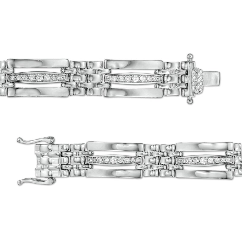 Main Image 3 of 1 CT. T.W. Diamond Triple Row Rectangle and Brick Pattern Alternating Link Bracelet in 10K White Gold - 8.25"