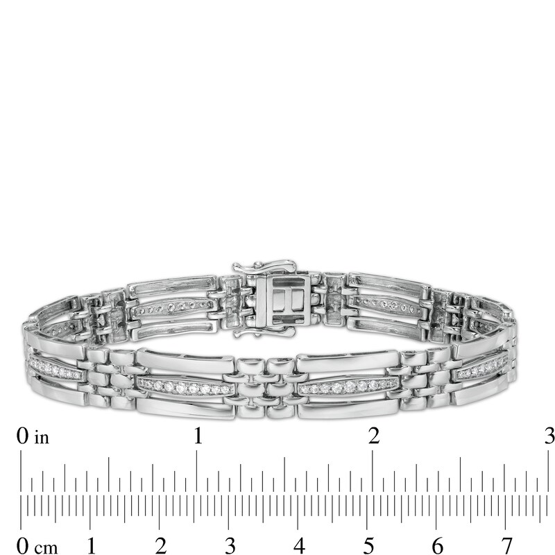 Main Image 4 of 1 CT. T.W. Diamond Triple Row Rectangle and Brick Pattern Alternating Link Bracelet in 10K White Gold - 8.25"
