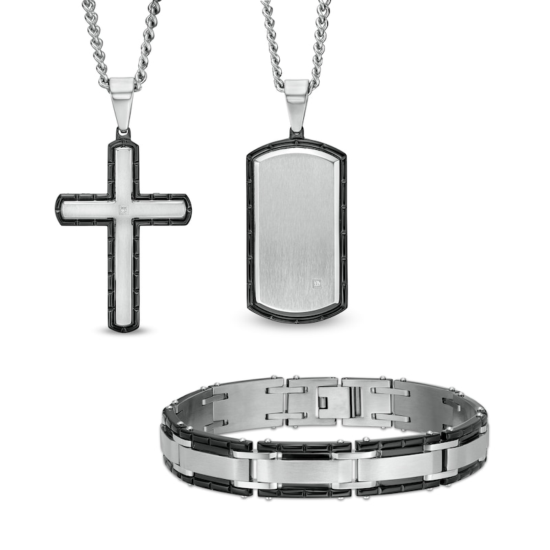 Main Image 1 of Diamond Accent Dog Tag, Cross Pendant and Link Bracelet Set in Stainless Steel and Black IP - 24"
