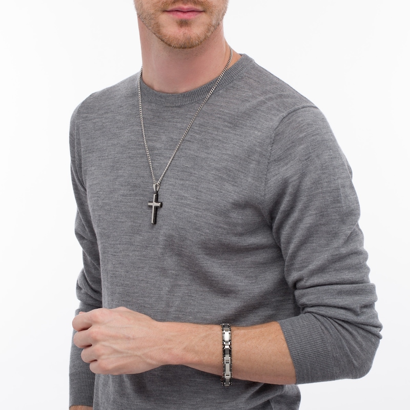Main Image 2 of Diamond Accent Dog Tag, Cross Pendant and Link Bracelet Set in Stainless Steel and Black IP - 24"