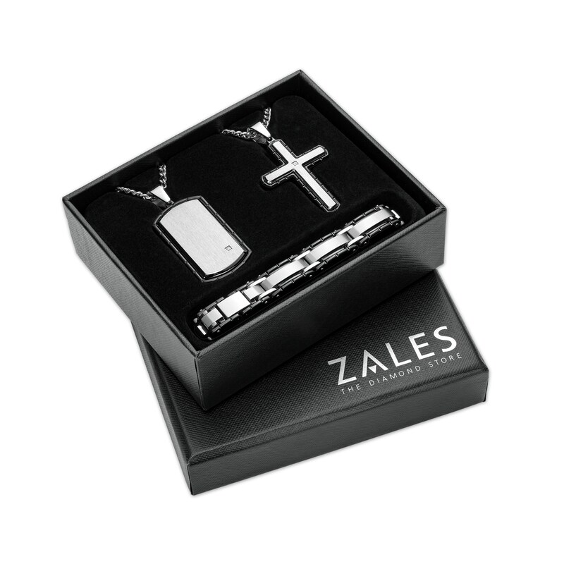 Main Image 9 of Diamond Accent Dog Tag, Cross Pendant and Link Bracelet Set in Stainless Steel and Black IP - 24"