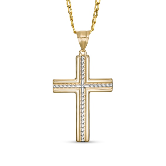 Men's Rope-Textured Layered Cross Pendant in 10K Gold - 22"