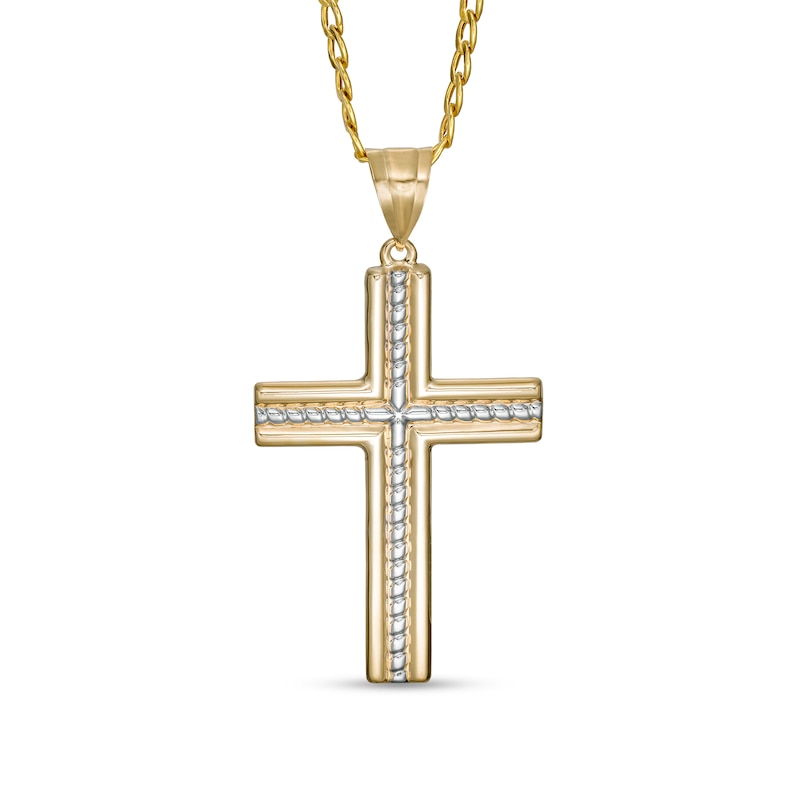 Main Image 1 of Men's Rope-Textured Layered Cross Pendant in 10K Gold - 22"
