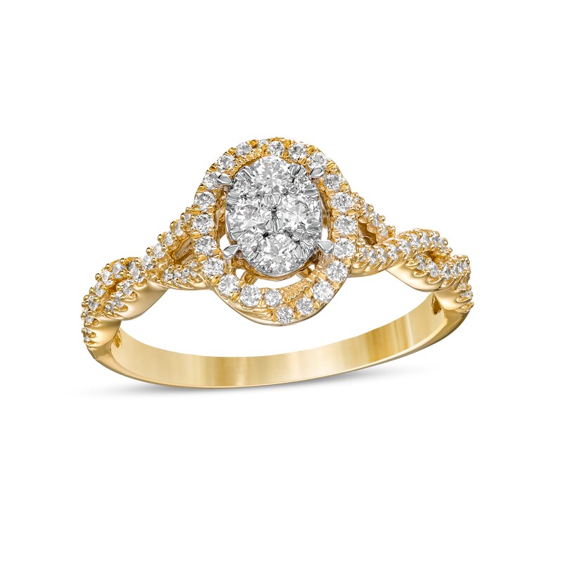 Main Image 1 of 1/2 CT. T.W. Oval Multi-Diamond Frame Twist Shank Engagement Ring in 10K Gold