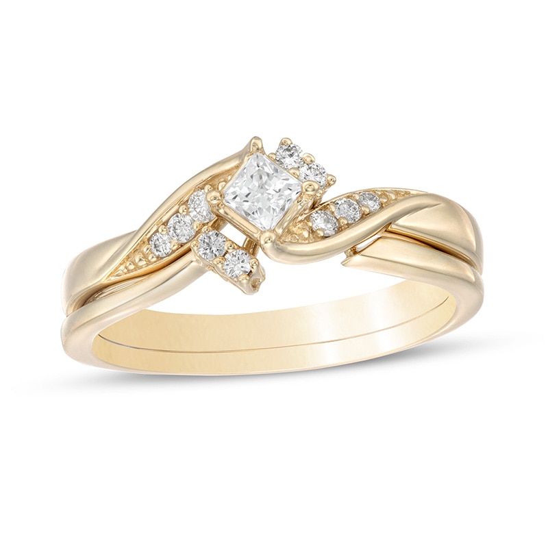 Main Image 1 of 1/4 CT. T.W. Princess-Cut Diamond Tilted Bypass Bridal Set in 10K Gold
