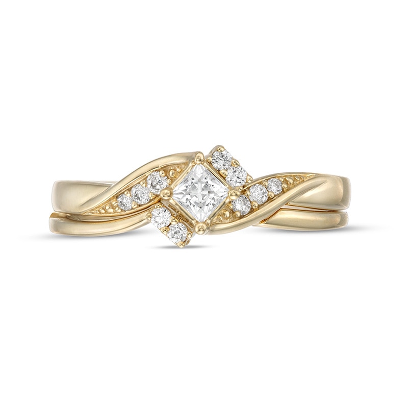 Main Image 4 of 1/4 CT. T.W. Princess-Cut Diamond Tilted Bypass Bridal Set in 10K Gold
