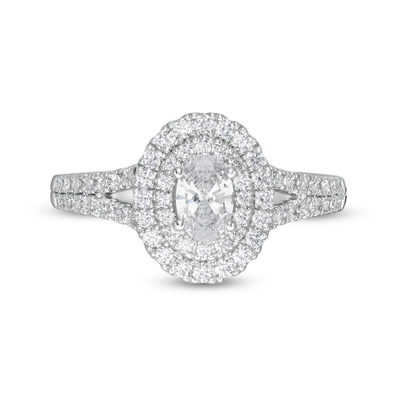 Main Image 4 of 1 CT. T.W. Certified Oval Diamond Double Frame Engagement Ring in Platinum (I/SI2)