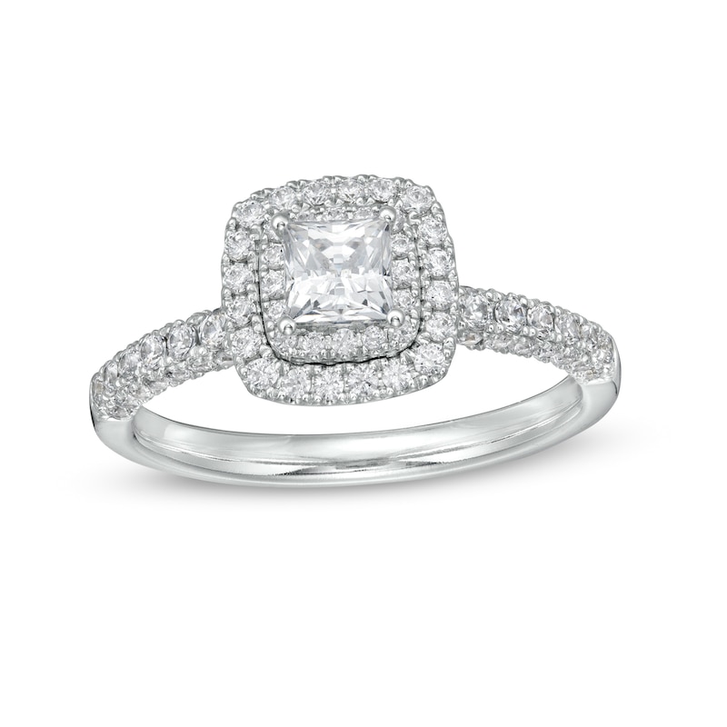 1 CT. T.W. Certified Princess-Cut Diamond Cushion Frame Engagement Ring in Platinum (I/SI2)