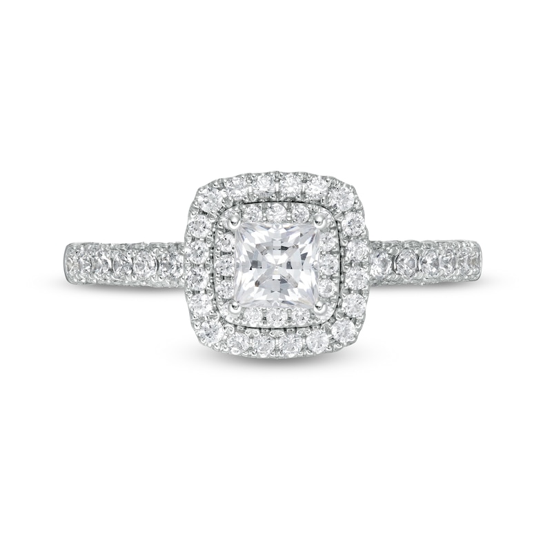 1 CT. T.W. Certified Princess-Cut Diamond Cushion Frame Engagement Ring in Platinum (I/SI2)