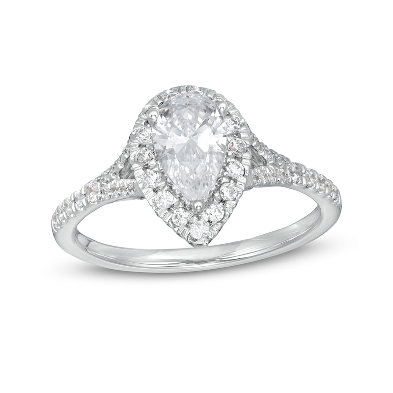Main Image 1 of 1-1/4 CT. T.W. Certified Pear-Shaped Diamond Frame Split Shank Engagement Ring in Platinum (I/SI2)