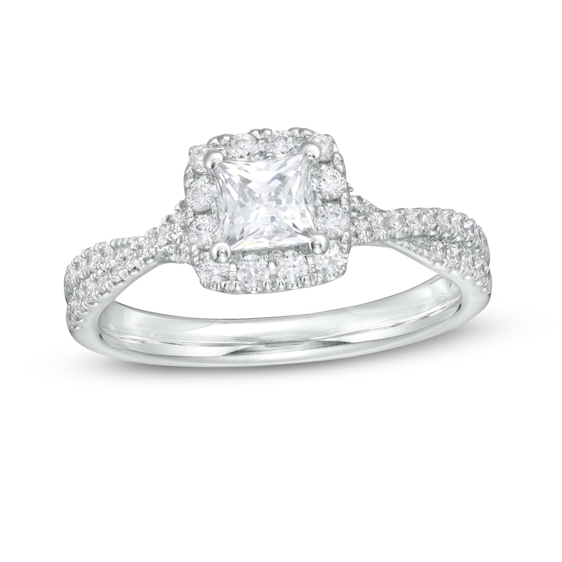 1 CT. T.W. Certified Princess-Cut Diamond Frame Crossover Shank Engagement Ring in Platinum (I/SI2)