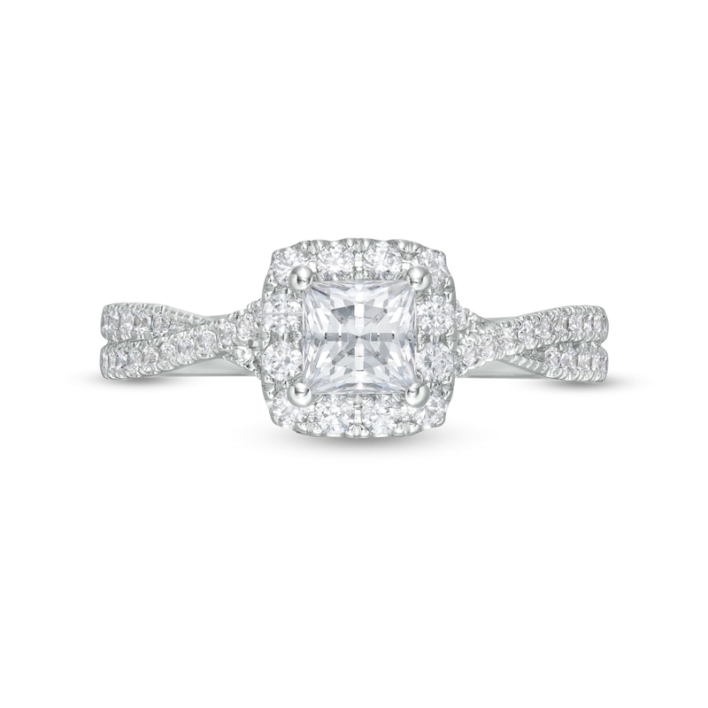 1 CT. T.W. Certified Princess-Cut Diamond Frame Crossover Shank Engagement Ring in Platinum (I/SI2)