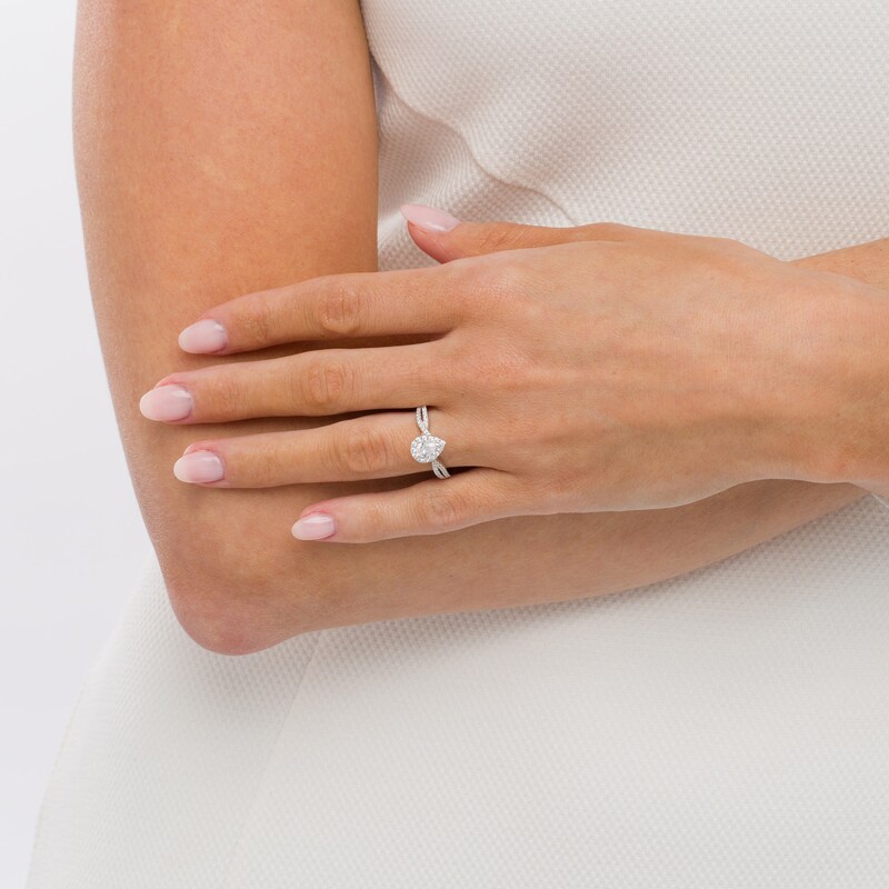 Main Image 2 of 3/4 CT. T.W. Pear-Shaped Diamond Frame Twist Shank Engagement Ring in Platinum (I/SI2)