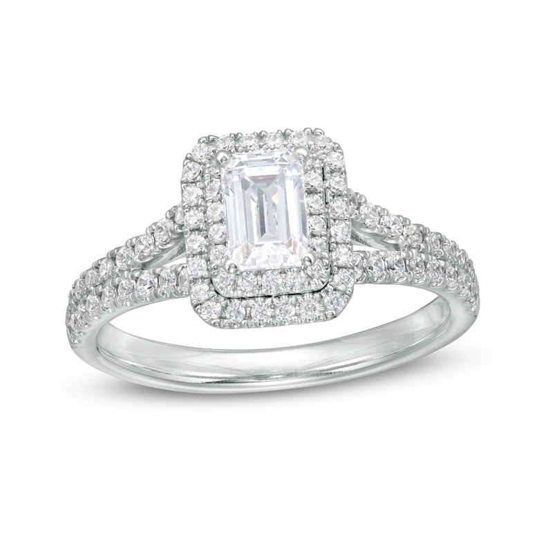 Main Image 1 of 1-1/5 CT. T.W. Certified Emerald-Cut Diamond Frame Split Shank Engagement Ring in Platinum (I/SI2)