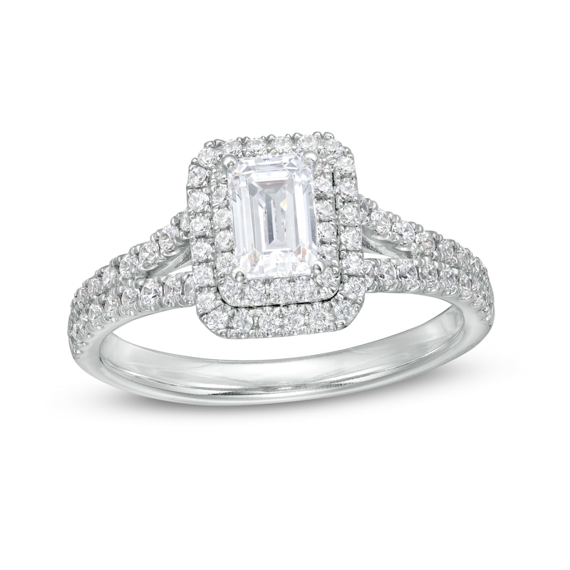 1-1/5 CT. T.W. Certified Emerald-Cut Diamond Frame Split Shank Engagement Ring in Platinum (I/SI2)