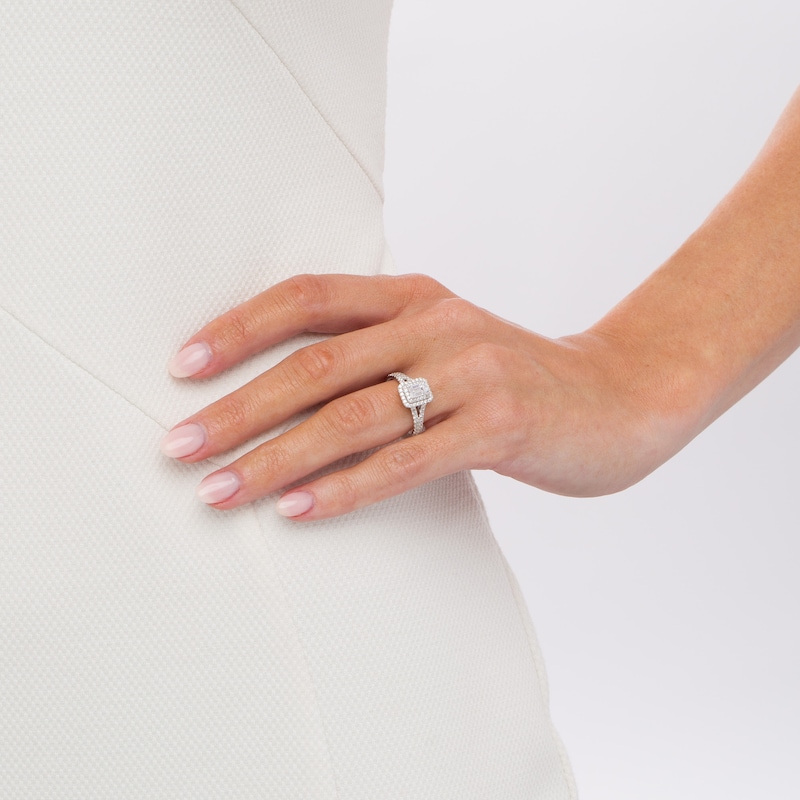 Main Image 2 of 1-1/5 CT. T.W. Certified Emerald-Cut Diamond Frame Split Shank Engagement Ring in Platinum (I/SI2)