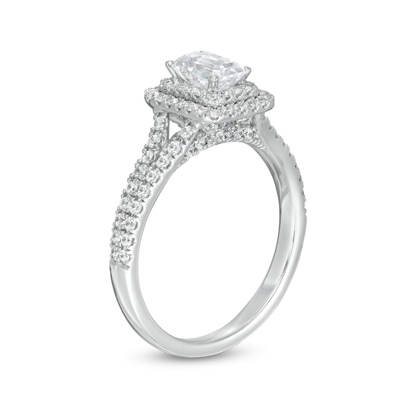 1-1/5 CT. T.W. Certified Emerald-Cut Diamond Frame Split Shank Engagement Ring in Platinum (I/SI2)