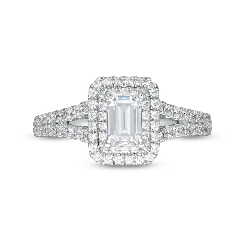 1-1/5 CT. T.W. Certified Emerald-Cut Diamond Frame Split Shank Engagement Ring in Platinum (I/SI2)