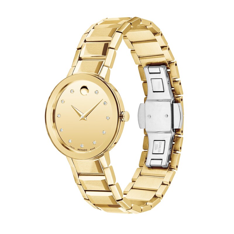 Main Image 2 of Ladies' Movado Sapphire™ Diamond Accent Gold-Tone PVD Watch with Gold-Tone Dial (Model: 0607550)