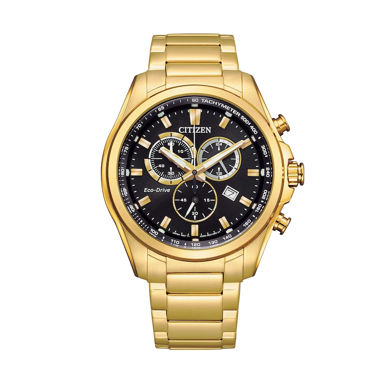 Men's Citizen Eco-Drive® Gold-Tone Chronograph Watch with Black Dial (Model: AT2132-53E)