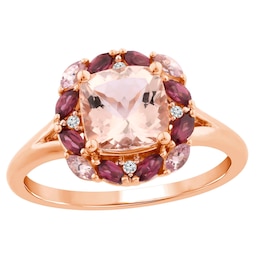Captivating Color 7.0mm Cushion-Cut Morganite, Garnet, Rhodolite Garnet and Diamond Accent Ornate Frame Ring in 14K Rose Gold